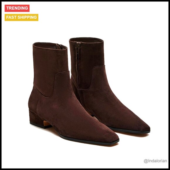 Square Toe Ankle Booties Chunky Block Heel Side Zipper Comfortable Low Heel - Picture 1 of 7